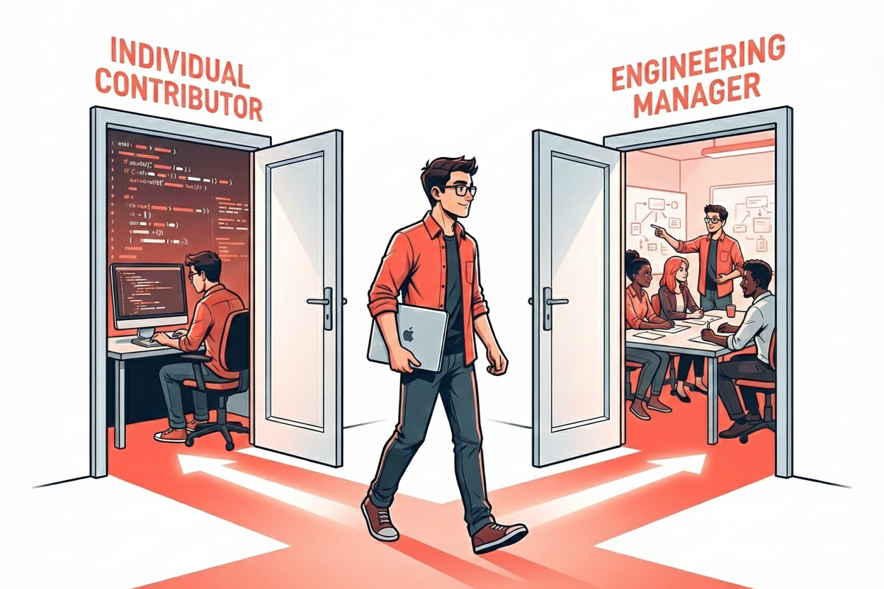 A crossroads signpost with arrows pointing to Software Engineer and Engineering Manager