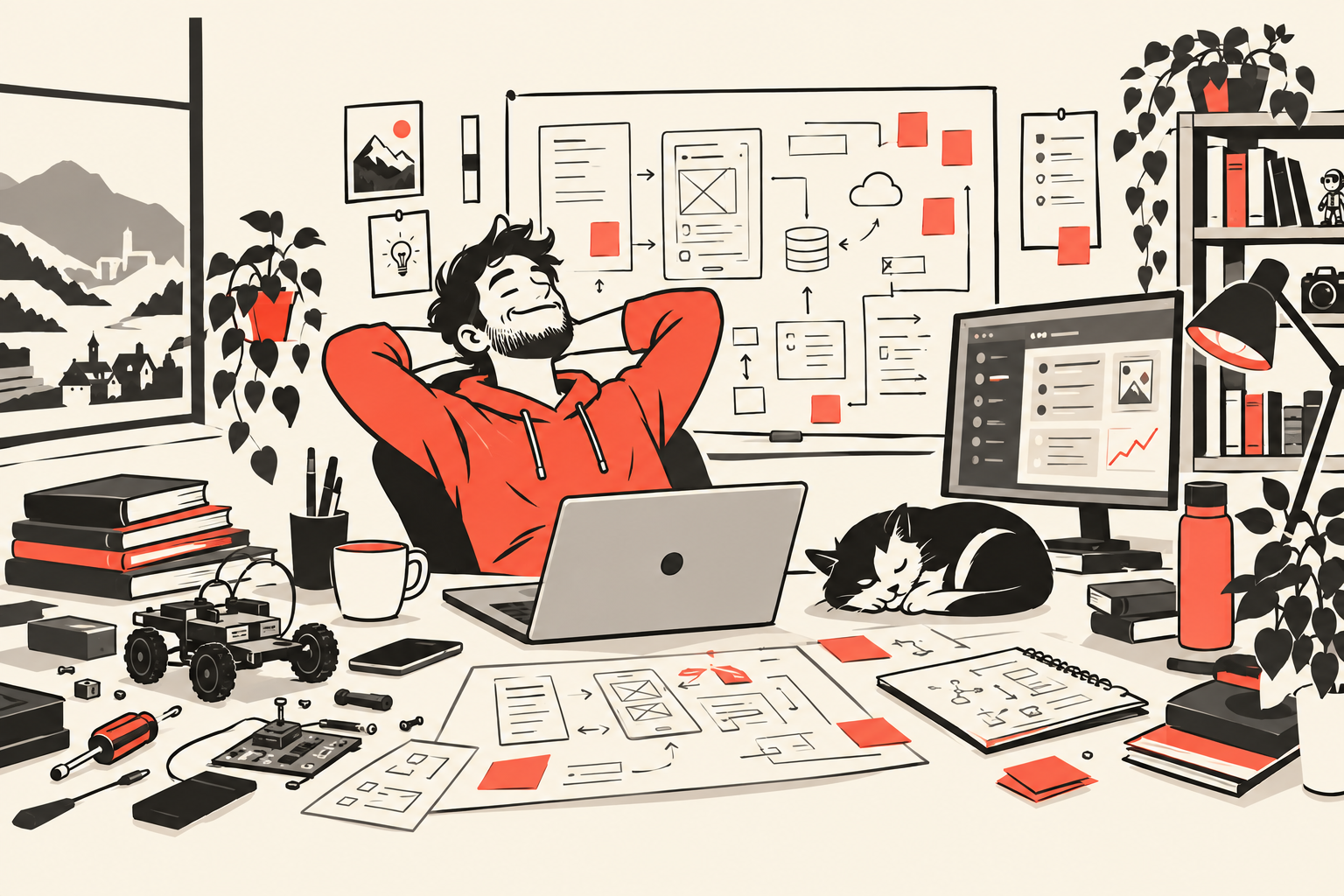 A relaxed developer leaning back at a desk full of sketches, books, gadgets and a sleeping cat, enjoying the act of building